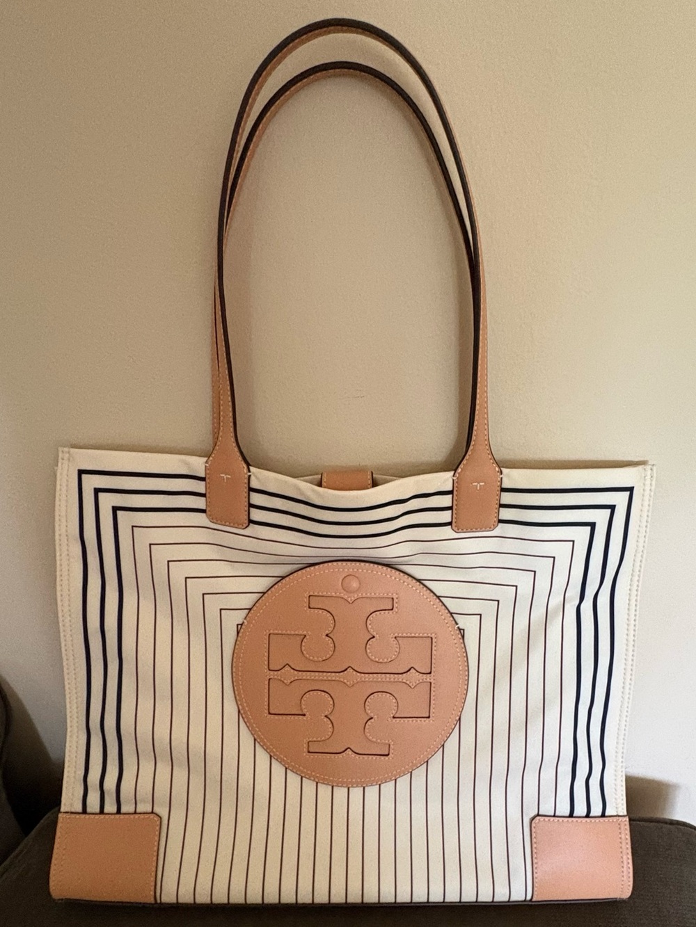 Tory Burch Ella Stripe Canvas Large Tote Ivory Navy Tan NWT Condition